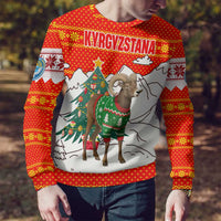 Kyrgyzstan Christmas Ugly Christmas Sweater with Mountain Goat in Festive Red Snowflake Pattern and Holiday Tree - Wonder Print Shop