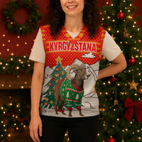Kyrgyzstan Christmas Knitted V-Neck Vest with Mountain Goat in Festive Red Snowflake Pattern and Holiday Tree - Wonder Print Shop
