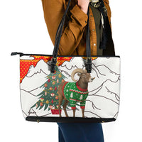 Kyrgyzstan Christmas Leather Tote Bag with Mountain Goat in Festive Red Snowflake Pattern and Holiday Tree - Wonder Print Shop