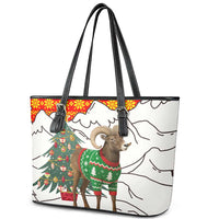 Kyrgyzstan Christmas Leather Tote Bag with Mountain Goat in Festive Red Snowflake Pattern and Holiday Tree - Wonder Print Shop