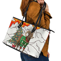 Kyrgyzstan Christmas Leather Tote Bag with Mountain Goat in Festive Red Snowflake Pattern and Holiday Tree - Wonder Print Shop