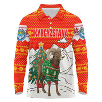 Kyrgyzstan Christmas Long Sleeve Polo Shirt with Mountain Goat in Festive Red Snowflake Pattern and Holiday Tree - Wonder Print Shop