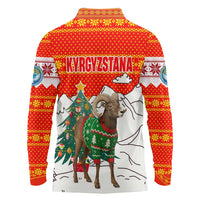 Kyrgyzstan Christmas Long Sleeve Polo Shirt with Mountain Goat in Festive Red Snowflake Pattern and Holiday Tree - Wonder Print Shop