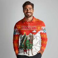 Kyrgyzstan Christmas Long Sleeve Polo Shirt with Mountain Goat in Festive Red Snowflake Pattern and Holiday Tree - Wonder Print Shop