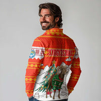 Kyrgyzstan Christmas Long Sleeve Polo Shirt with Mountain Goat in Festive Red Snowflake Pattern and Holiday Tree - Wonder Print Shop