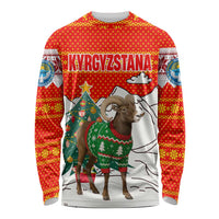 Kyrgyzstan Christmas Long Sleeve Shirt with Mountain Goat in Festive Red Snowflake Pattern and Holiday Tree - Wonder Print Shop