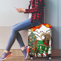 Kyrgyzstan Christmas Luggage Cover with Mountain Goat in Festive Red Snowflake Pattern and Holiday Tree - Wonder Print Shop