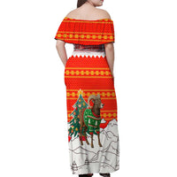 Kyrgyzstan Christmas Off Shoulder Maxi Dress with Mountain Goat in Festive Red Snowflake Pattern and Holiday Tree - Wonder Print Shop