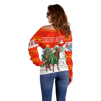 Kyrgyzstan Christmas Off Shoulder Sweater with Mountain Goat in Festive Red Snowflake Pattern and Holiday Tree - Wonder Print Shop