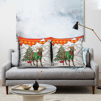 Kyrgyzstan Christmas Pillow Cover with Mountain Goat in Festive Red Snowflake Pattern and Holiday Tree - Wonder Print Shop