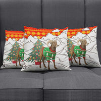Kyrgyzstan Christmas Pillow Cover with Mountain Goat in Festive Red Snowflake Pattern and Holiday Tree - Wonder Print Shop