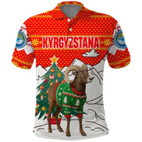 Kyrgyzstan Christmas Polo Shirt with Mountain Goat in Festive Red Snowflake Pattern and Holiday Tree - Wonder Print Shop