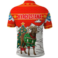 Kyrgyzstan Christmas Polo Shirt with Mountain Goat in Festive Red Snowflake Pattern and Holiday Tree - Wonder Print Shop