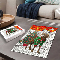 Kyrgyzstan Christmas Puzzle with Mountain Goat in Festive Red Snowflake Pattern and Holiday Tree - Wonder Print Shop