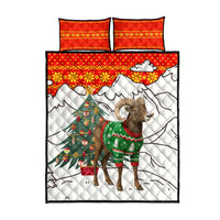 Kyrgyzstan Christmas Quilt Bed Set with Mountain Goat in Festive Red Snowflake Pattern and Holiday Tree - Wonder Print Shop
