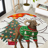 Kyrgyzstan Christmas Round Carpet with Mountain Goat in Festive Red Snowflake Pattern and Holiday Tree - Wonder Print Shop