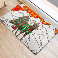 Kyrgyzstan Christmas Rubber Doormat with Mountain Goat in Festive Red Snowflake Pattern and Holiday Tree - Wonder Print Shop