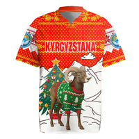 Kyrgyzstan Christmas Rugby Jersey with Mountain Goat in Festive Red Snowflake Pattern and Holiday Tree - Wonder Print Shop
