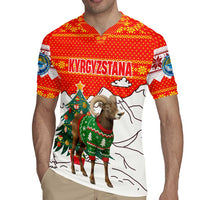 Kyrgyzstan Christmas Rugby Jersey with Mountain Goat in Festive Red Snowflake Pattern and Holiday Tree - Wonder Print Shop