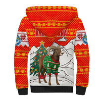 Kyrgyzstan Christmas Sherpa Hoodie with Mountain Goat in Festive Red Snowflake Pattern and Holiday Tree - Wonder Print Shop