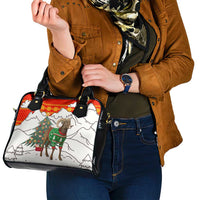 Kyrgyzstan Christmas Shoulder Handbag with Mountain Goat in Festive Red Snowflake Pattern and Holiday Tree - Wonder Print Shop