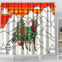 Kyrgyzstan Christmas Shower Curtain with Mountain Goat in Festive Red Snowflake Pattern and Holiday Tree - Wonder Print Shop