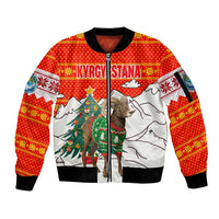 Kyrgyzstan Christmas Sleeve Zip Bomber Jacket with Mountain Goat in Festive Red Snowflake Pattern and Holiday Tree - Wonder Print Shop