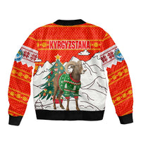 Kyrgyzstan Christmas Sleeve Zip Bomber Jacket with Mountain Goat in Festive Red Snowflake Pattern and Holiday Tree - Wonder Print Shop