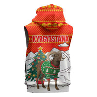 Kyrgyzstan Christmas Sleeveless Hoodie with Mountain Goat in Festive Red Snowflake Pattern and Holiday Tree - Wonder Print Shop