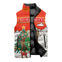 Kyrgyzstan Christmas Sleeveless Puffer Jacket with Mountain Goat in Festive Red Snowflake Pattern and Holiday Tree - Wonder Print Shop