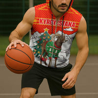 Kyrgyzstan Christmas Sleeveless Zip Hoodie with Mountain Goat in Festive Red Snowflake Pattern and Holiday Tree - Wonder Print Shop