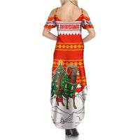 Kyrgyzstan Christmas Summer Maxi Dress with Mountain Goat in Festive Red Snowflake Pattern and Holiday Tree - Wonder Print Shop