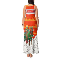 Kyrgyzstan Christmas Tank Maxi Dress with Mountain Goat in Festive Red Snowflake Pattern and Holiday Tree - Wonder Print Shop