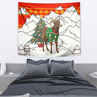 Kyrgyzstan Christmas Tapestry with Mountain Goat in Festive Red Snowflake Pattern and Holiday Tree - Wonder Print Shop