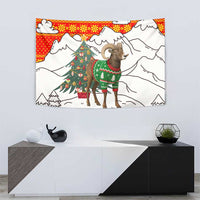 Kyrgyzstan Christmas Tapestry with Mountain Goat in Festive Red Snowflake Pattern and Holiday Tree - Wonder Print Shop