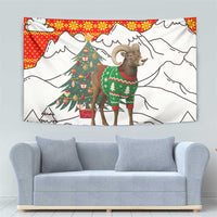 Kyrgyzstan Christmas Tapestry with Mountain Goat in Festive Red Snowflake Pattern and Holiday Tree - Wonder Print Shop