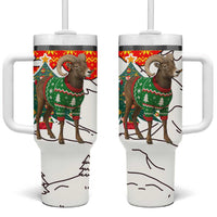 Kyrgyzstan Christmas Tumbler With Handle with Mountain Goat in Festive Red Snowflake Pattern and Holiday Tree - Wonder Print Shop