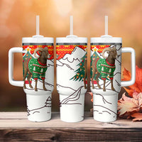 Kyrgyzstan Christmas Tumbler With Handle with Mountain Goat in Festive Red Snowflake Pattern and Holiday Tree - Wonder Print Shop