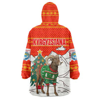 Kyrgyzstan Christmas Wearable Blanket Hoodie with Mountain Goat in Festive Red Snowflake Pattern and Holiday Tree - Wonder Print Shop