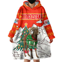 Kyrgyzstan Christmas Wearable Blanket Hoodie with Mountain Goat in Festive Red Snowflake Pattern and Holiday Tree - Wonder Print Shop