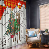 Kyrgyzstan Christmas Window Curtain with Mountain Goat in Festive Red Snowflake Pattern and Holiday Tree - Wonder Print Shop