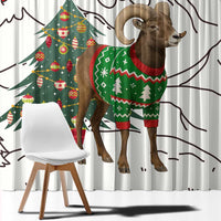 Kyrgyzstan Christmas Window Curtain with Mountain Goat in Festive Red Snowflake Pattern and Holiday Tree - Wonder Print Shop