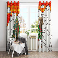 Kyrgyzstan Christmas Window Curtain with Mountain Goat in Festive Red Snowflake Pattern and Holiday Tree - Wonder Print Shop