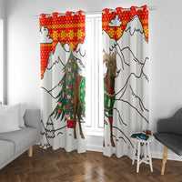 Kyrgyzstan Christmas Window Curtain with Mountain Goat in Festive Red Snowflake Pattern and Holiday Tree - Wonder Print Shop