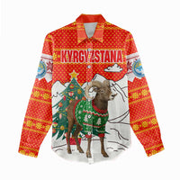 Kyrgyzstan Christmas Women Casual Shirt with Mountain Goat in Festive Red Snowflake Pattern and Holiday Tree - Wonder Print Shop