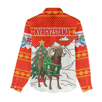 Kyrgyzstan Christmas Women Casual Shirt with Mountain Goat in Festive Red Snowflake Pattern and Holiday Tree - Wonder Print Shop
