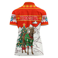 Kyrgyzstan Christmas Women Polo Shirt with Mountain Goat in Festive Red Snowflake Pattern and Holiday Tree - Wonder Print Shop