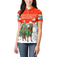 Kyrgyzstan Christmas Women Polo Shirt with Mountain Goat in Festive Red Snowflake Pattern and Holiday Tree - Wonder Print Shop