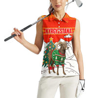 Kyrgyzstan Christmas Women Sleeveless Polo Shirt with Mountain Goat in Festive Red Snowflake Pattern and Holiday Tree - Wonder Print Shop