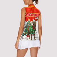 Kyrgyzstan Christmas Women Sleeveless Polo Shirt with Mountain Goat in Festive Red Snowflake Pattern and Holiday Tree - Wonder Print Shop